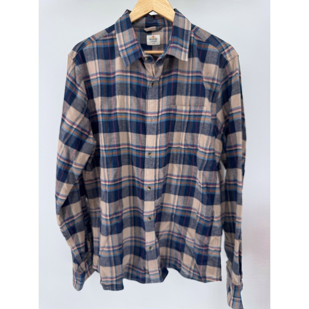 Marine Layer Flannel Shirt Mens Large Blue Tan Plaid Button Down